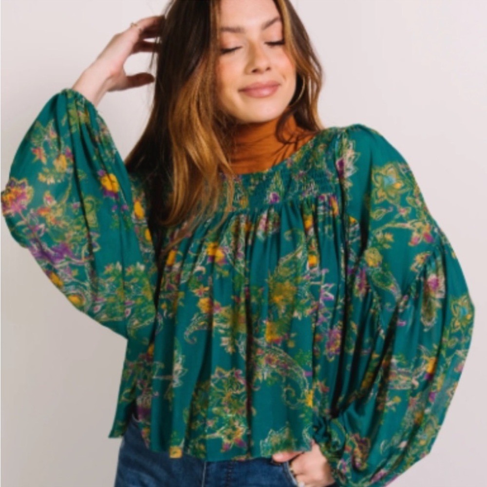 Free People Up For Anything Blouse in Emerald Combo, Size Small